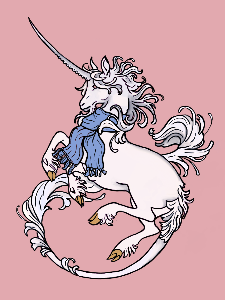 drawing of a unicorn wearing a scarf