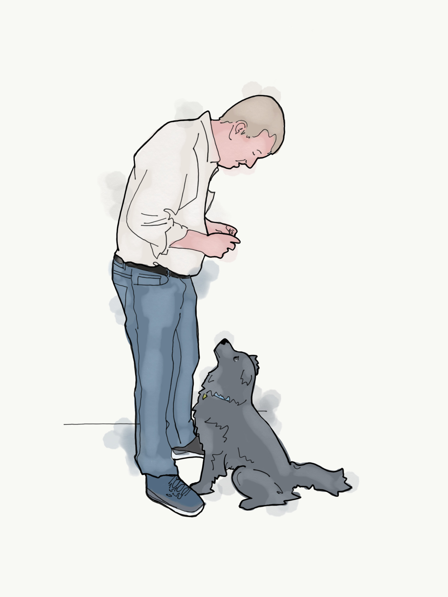drawing of a man feeding a dog