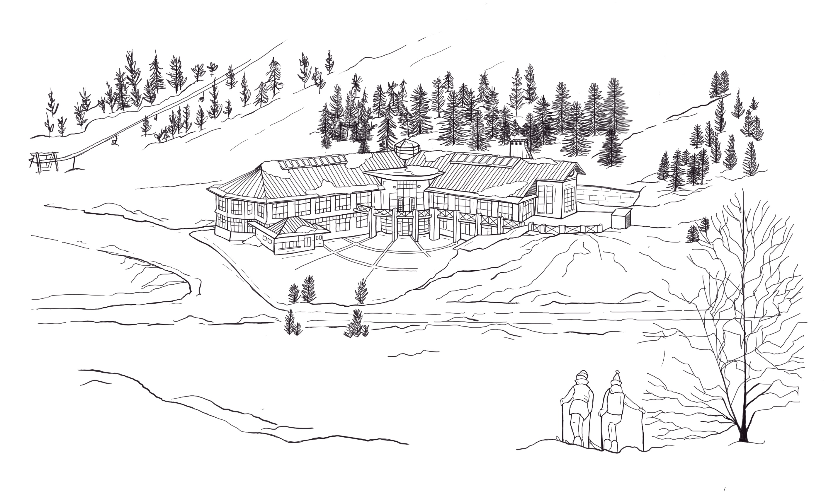 line drawing of a ski mountain